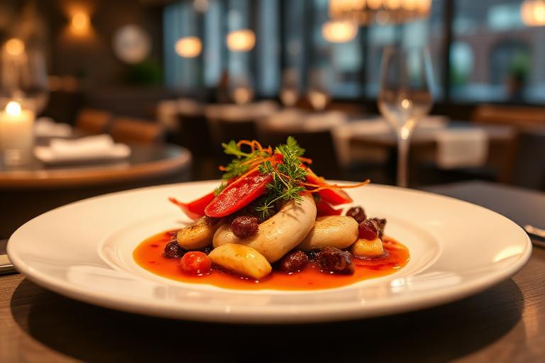 Elegancko podane danie na talerzu, atmosfera restauracyjna