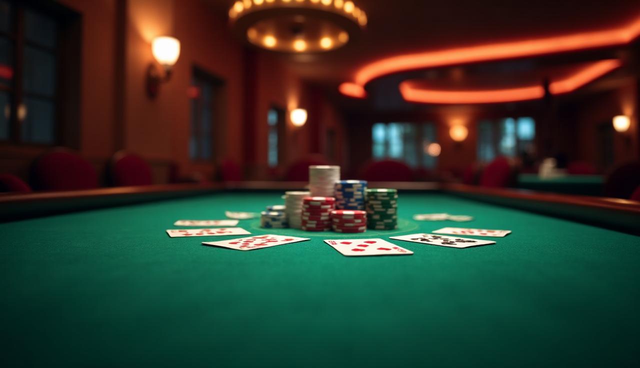 Pokerowy stolik z kartami, żetonami i nastrojowym światłem.
