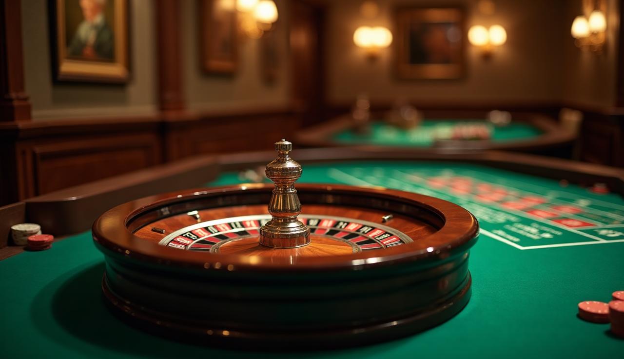 Stół do ruletki w ciepłym świetle, z żetonami i eleganckim oświetleniem AimSimple.