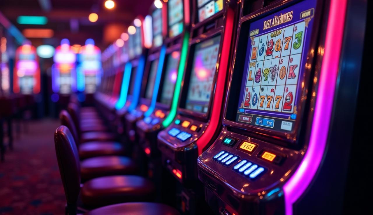 Rząd nowoczesnych automatów do gry w kolorowym świetle.