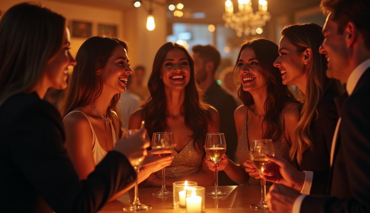 Grupa gości świętujących przy barze.